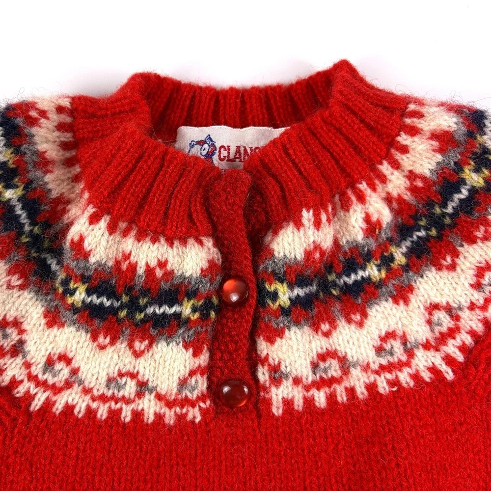 VTG Clansman 100% Shetland Wool Childrens Sweater‎ 10/30 Red Navy Blue Fair Isle